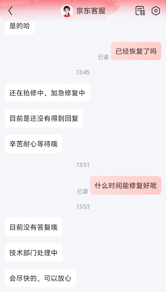 金富宝 京东外卖又崩了？客服：还在抢修，技术部门处理中，会尽快